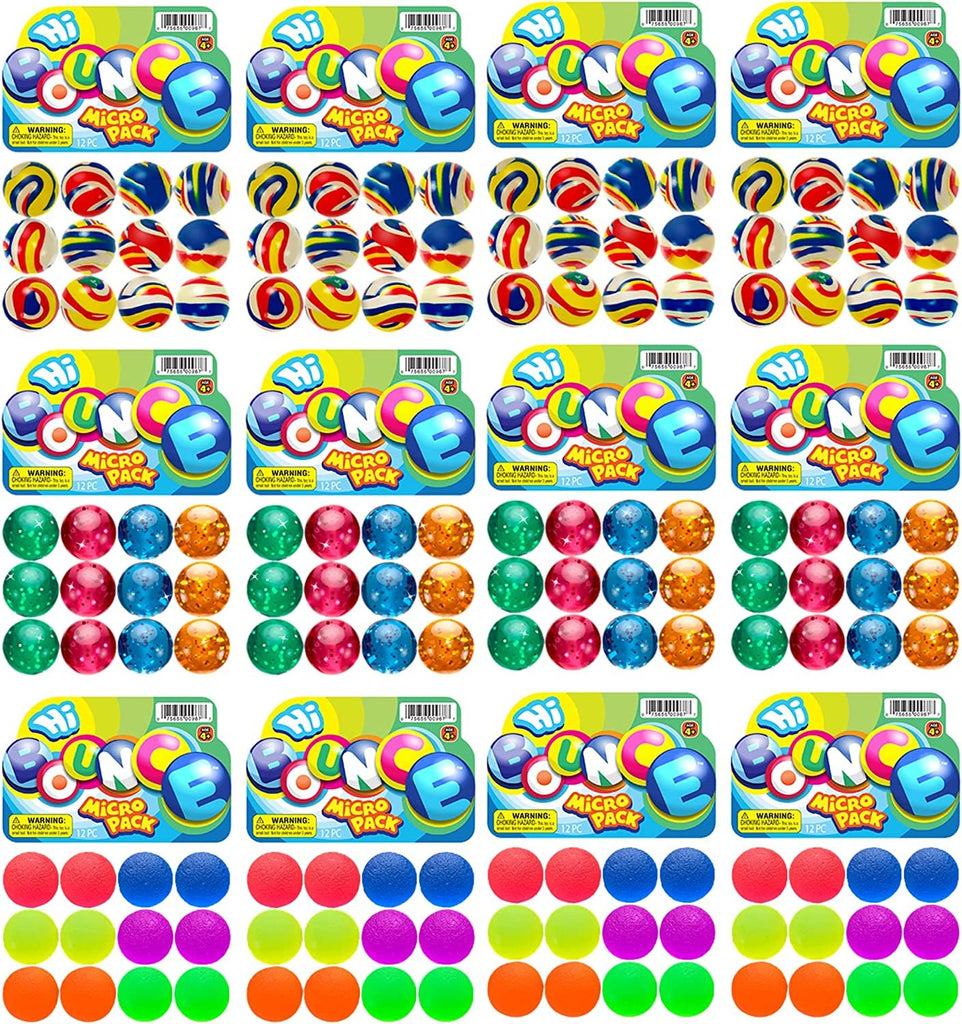 2CHILL Bouncy Balls Superballs Super Hi Bounce (Each Pack 12 Balls) 3 Styles Small Toys Party Favors for Kids Racketball Kids Prize by Ja-Ru Premium Giveaways Gift Toy Includes 1 Sticker #967