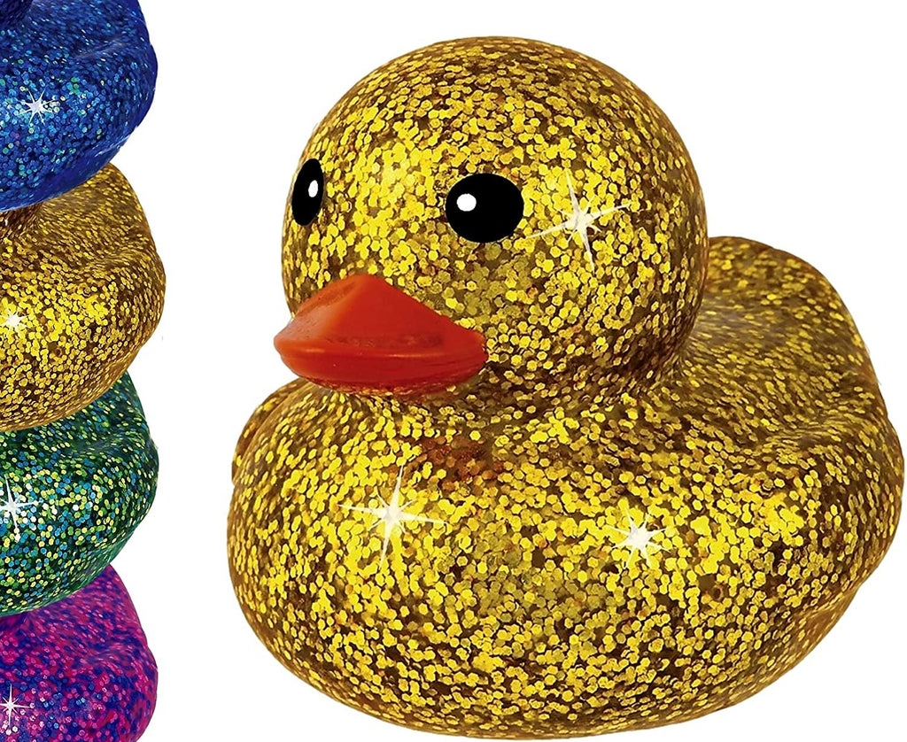 Glitter Rubber Ducks Metallic Colors 3" (24 Unit Assorted) Rubber Duckies Fidget Toy for Kids, Sensory Play, Stress Relief, Stocking Stuffers, Supplies Pinata Filler in Bulk. Plus Sticker. 4343-24s